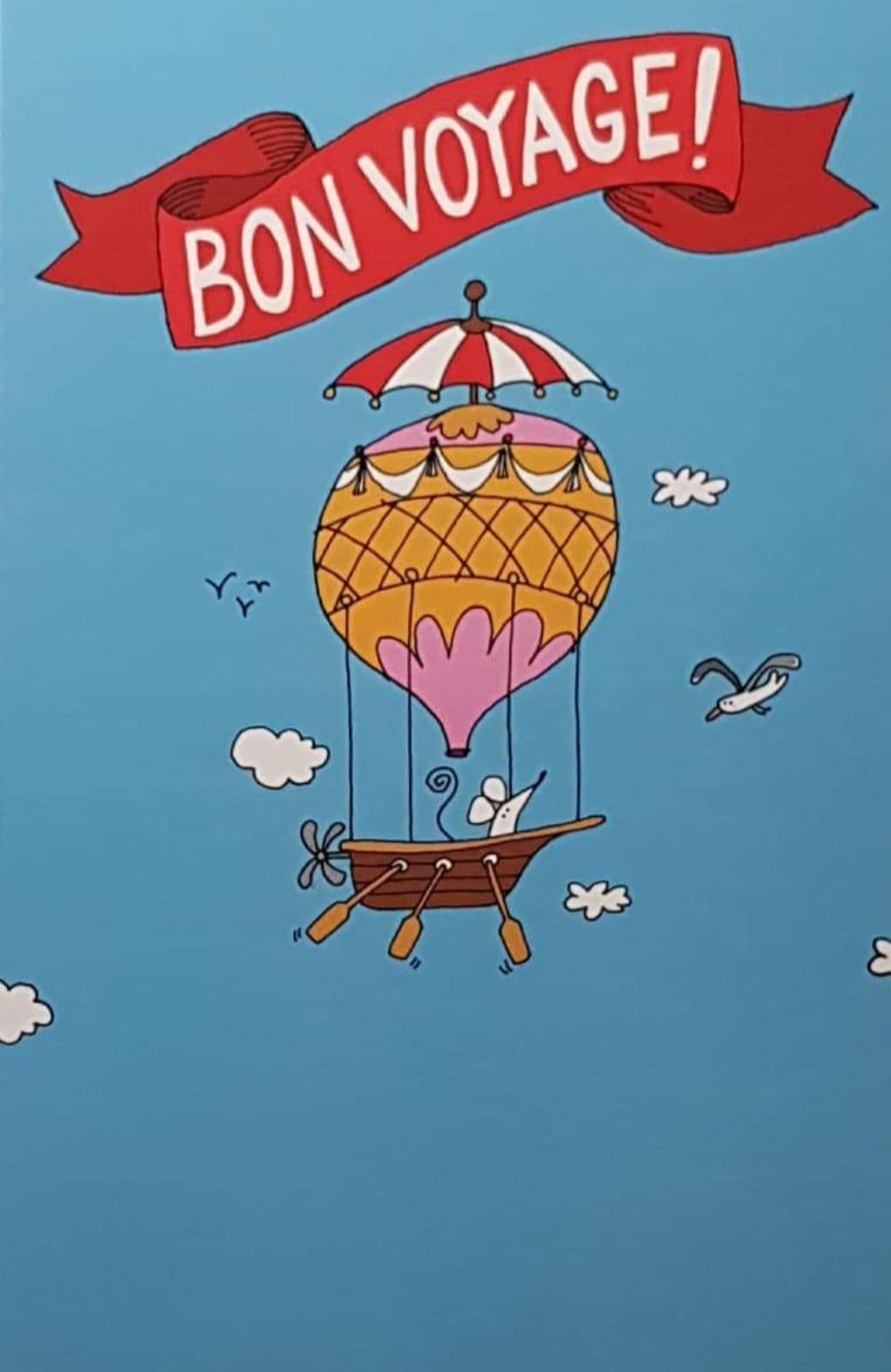 Leaving Card - Bon Voyage & A Boat On Air Balloon Flying Blue Sky