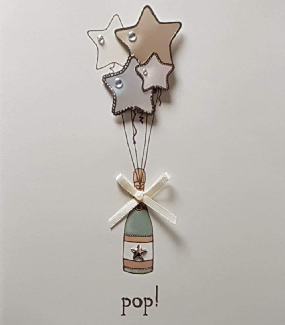 Congratulations Card - Pop & Champagne Tied To Star Balloons