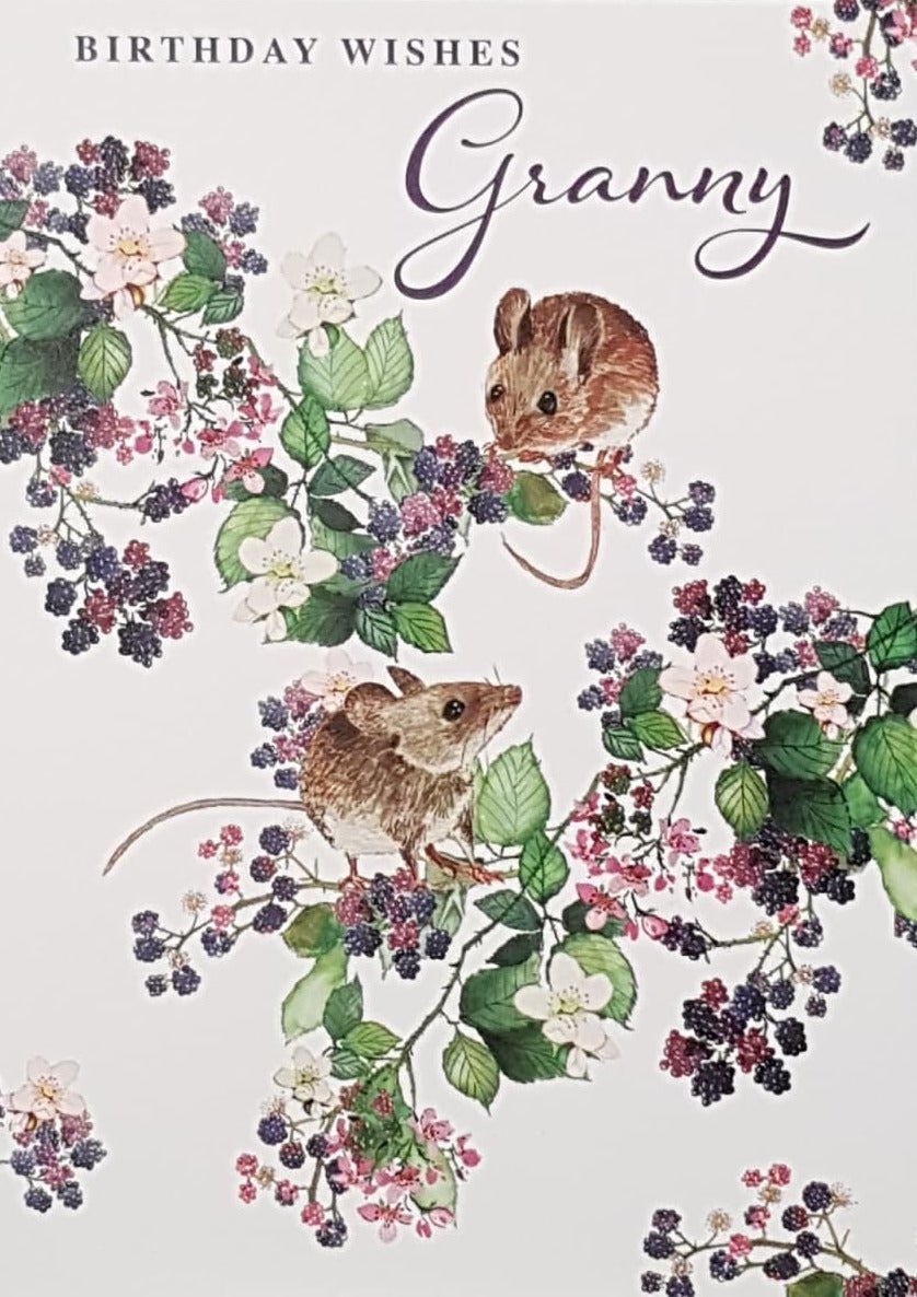 Birthday Card - Granny / Two Mice On A Floral Branch