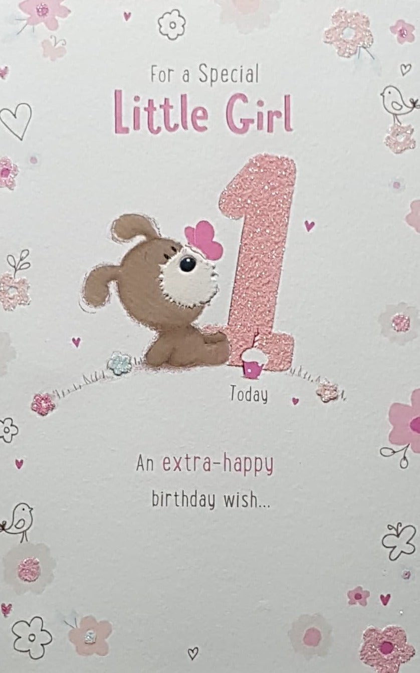 Age 1 Birthday Card - An Extra Happy Birthday Wish...& Shiny Pink Flowers