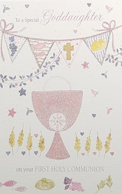 Communion Card - Goddaughter / A Glittery Yellow Cross On A Pink Banner
