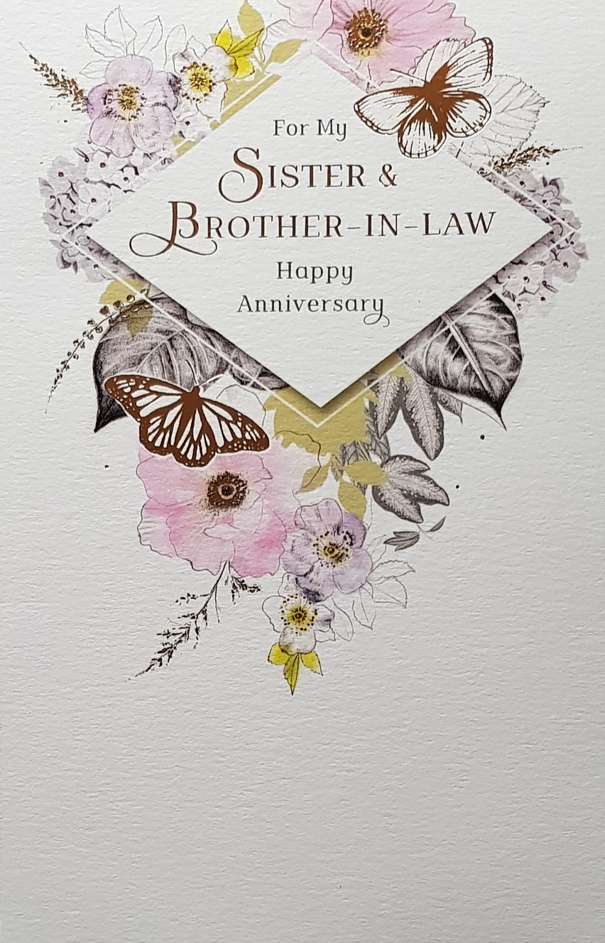 Anniversary Card - Sister & Brother-In-Law / Elegant Floral Border With Gold Butterflies