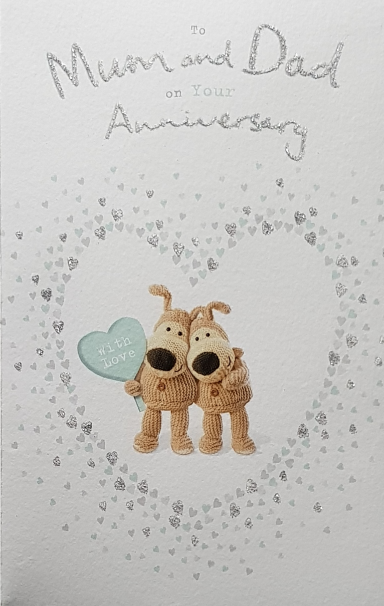 Anniversary Card - Mum & Dad / Cute Dog Couple Surrounded By Silver Hearts