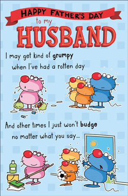 Fathers Day Card - Husband / A Pink Cat Cleaning A Floor