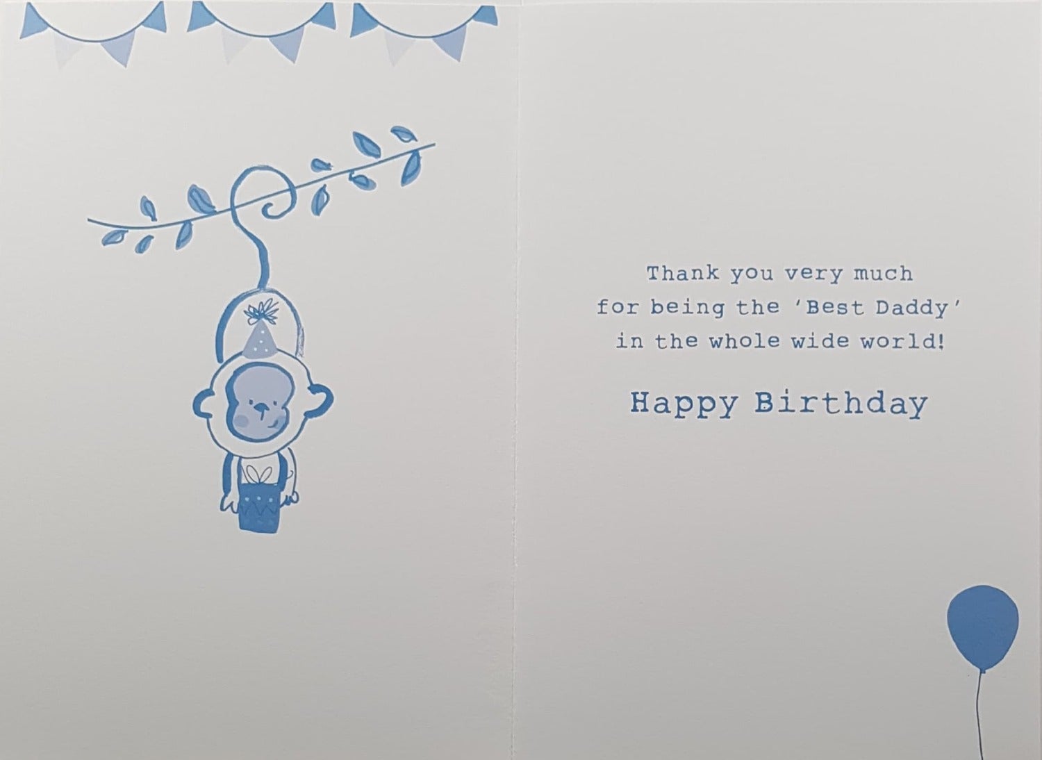 Birthday Card - Daddy / Monkey Hanging On A Branch Holding Blue Gift