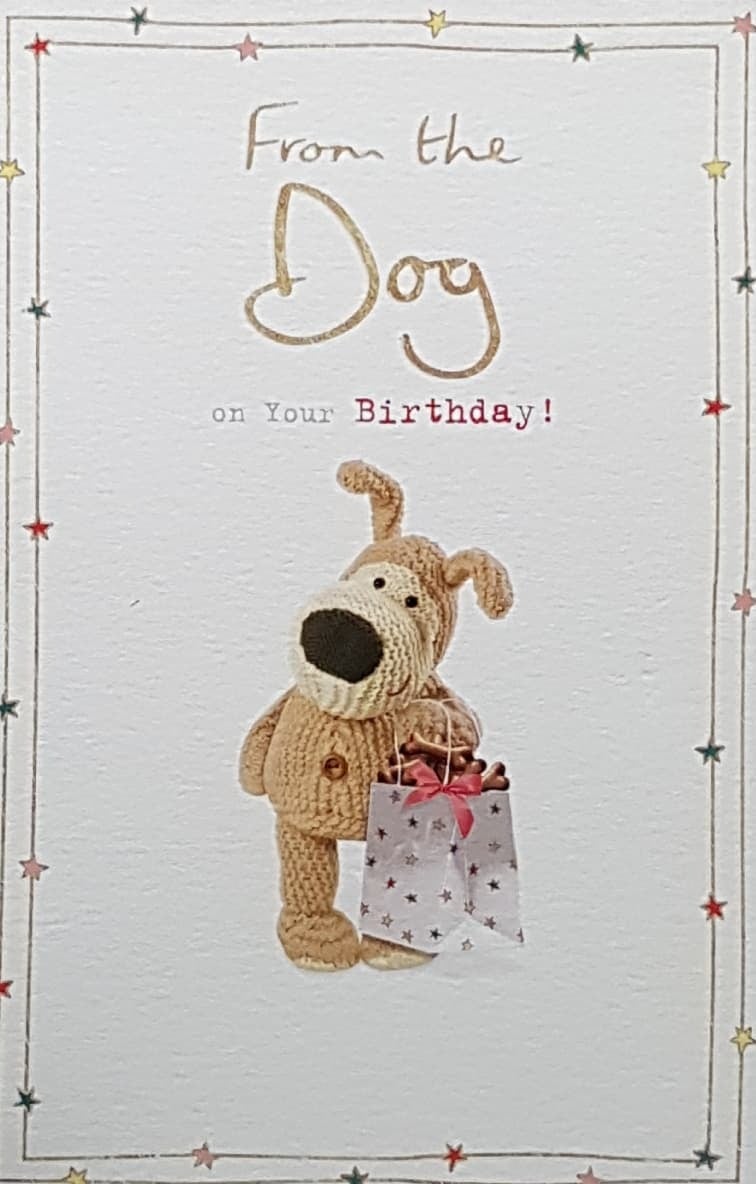 Birthday Card - From The Dog / A Cute Dog Holding A Gift Bag With A Red Ribbon