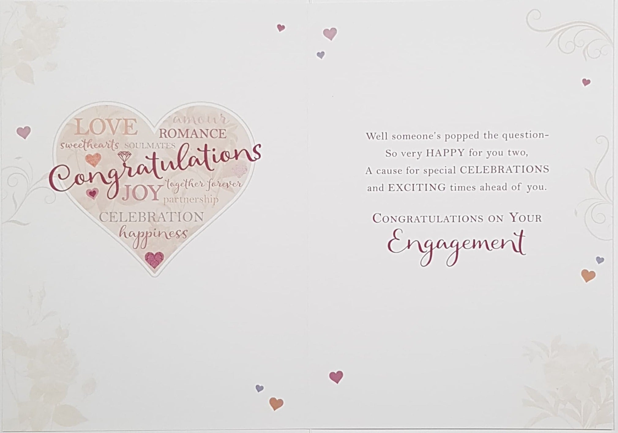 Engagement Card - Gold Branches & Birds & A Large Pink Heart In Centre