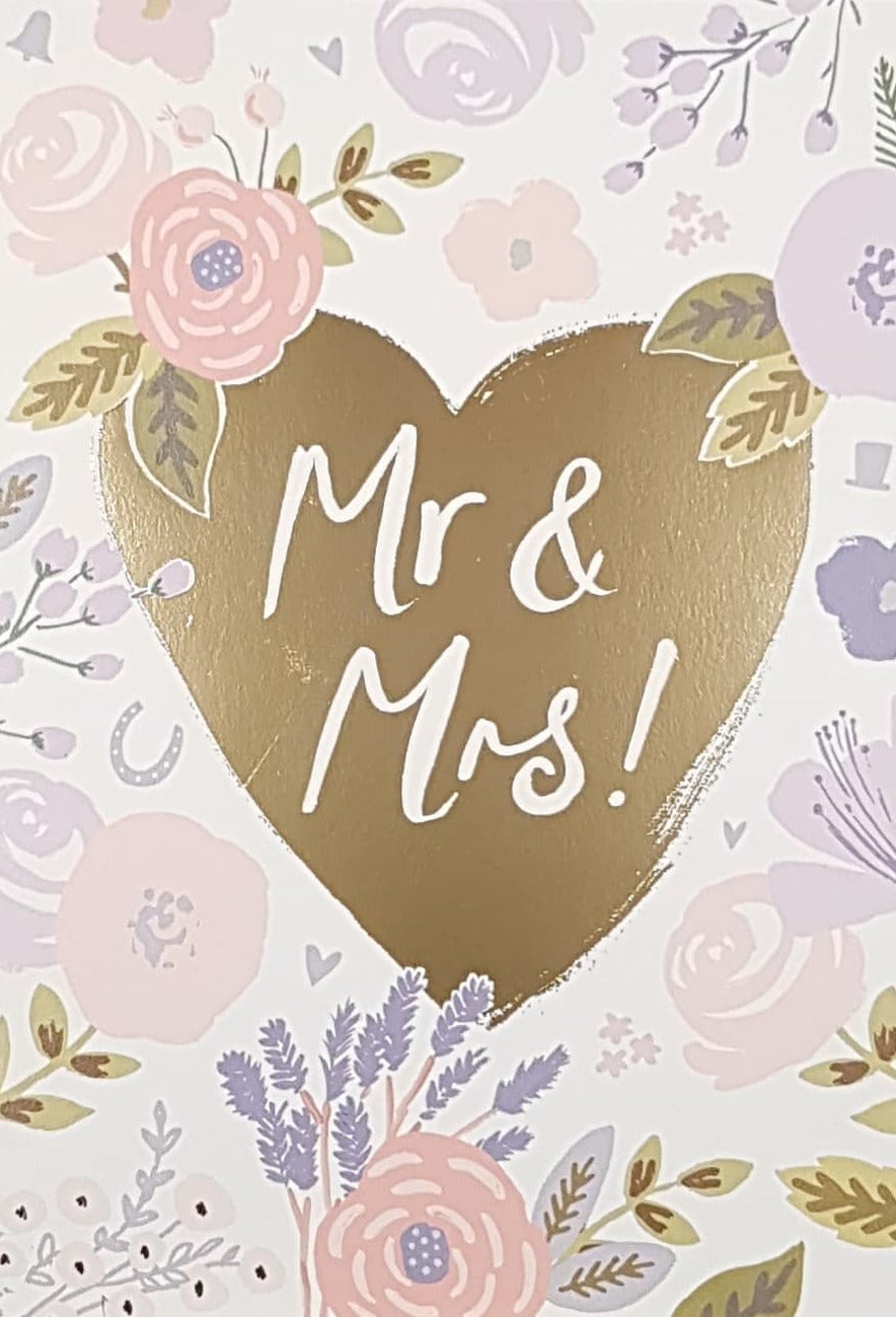 Wedding Card - Mr. & Mrs. / A Gold Heart & Pink & Purple Flowers