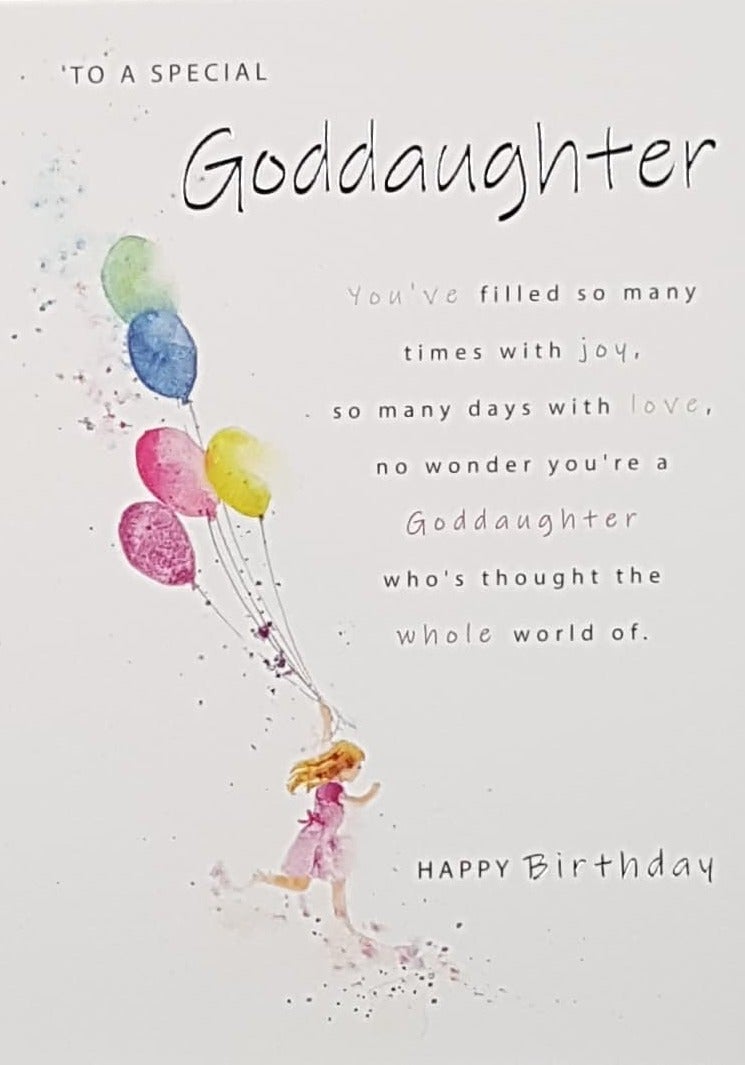 Birthday Card - Goddaughter / A Girl Running & Colourful Balloons
