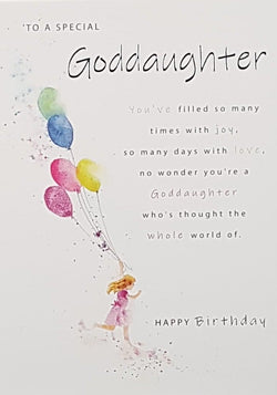 Birthday Card - Goddaughter / A Girl Running & Colourful Balloons