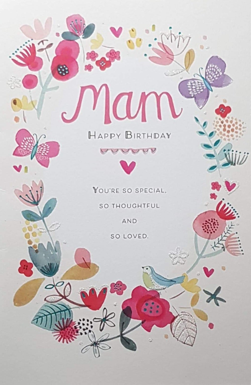 Birthday Card - Mam / A Wreath Of Flowers And Birds