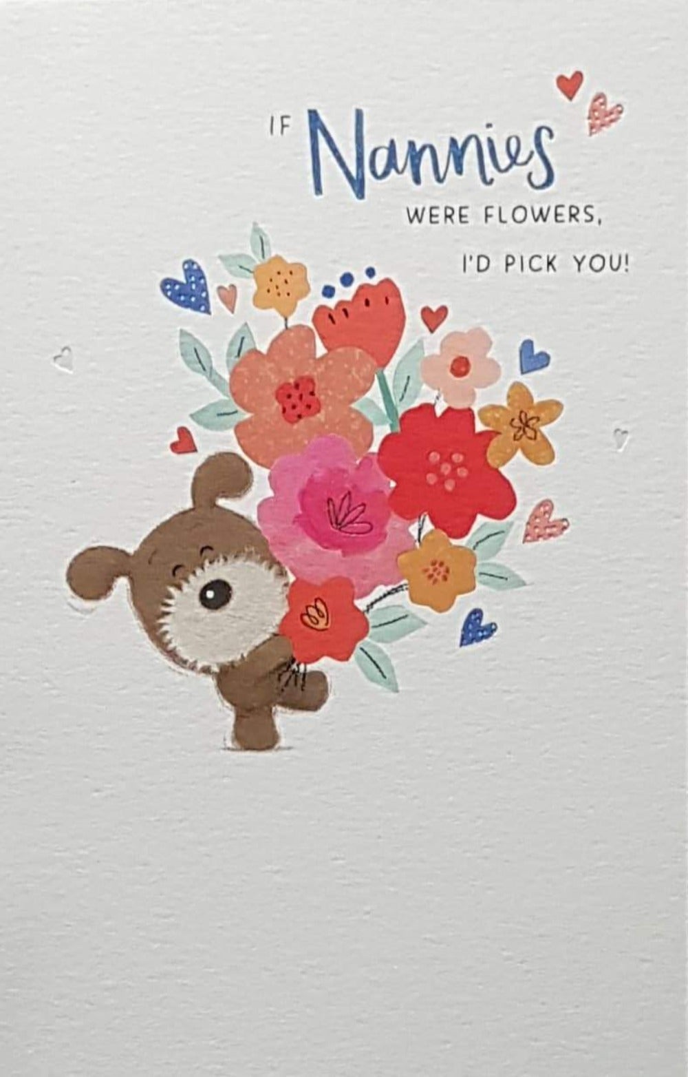 Birthday Card - Nannie / A Stuffed Dog With A Flower Bunch
