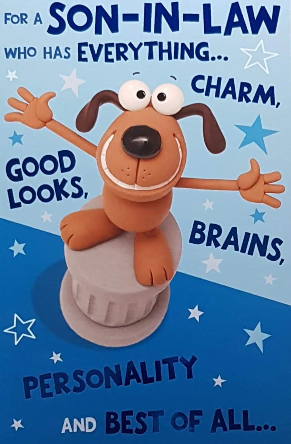 Birthday Card - Son In Law / A Brown Dog Standing On A Greek Podium With Open Arms