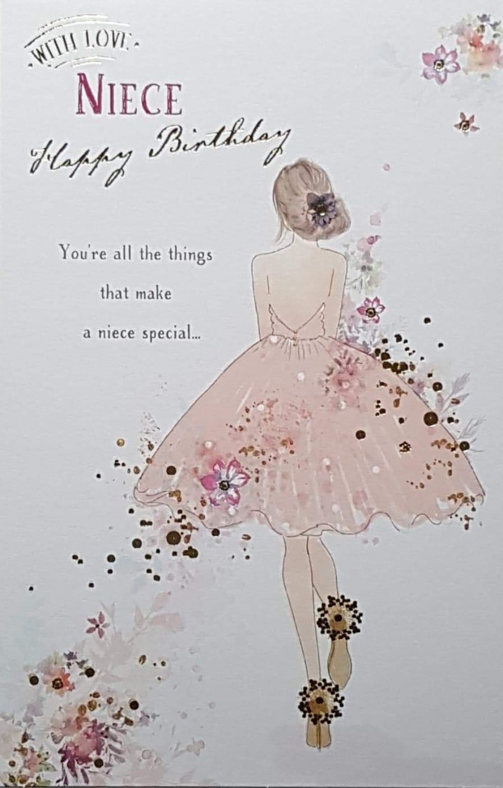 Birthday Card - Niece / Girl In A Pale Pink Dress Facing Away