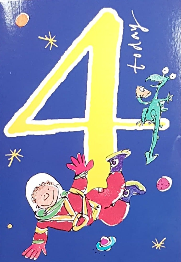 Age 4 Birthday Card - Astronaut In A Red Space Suit Hanging Out With Alien