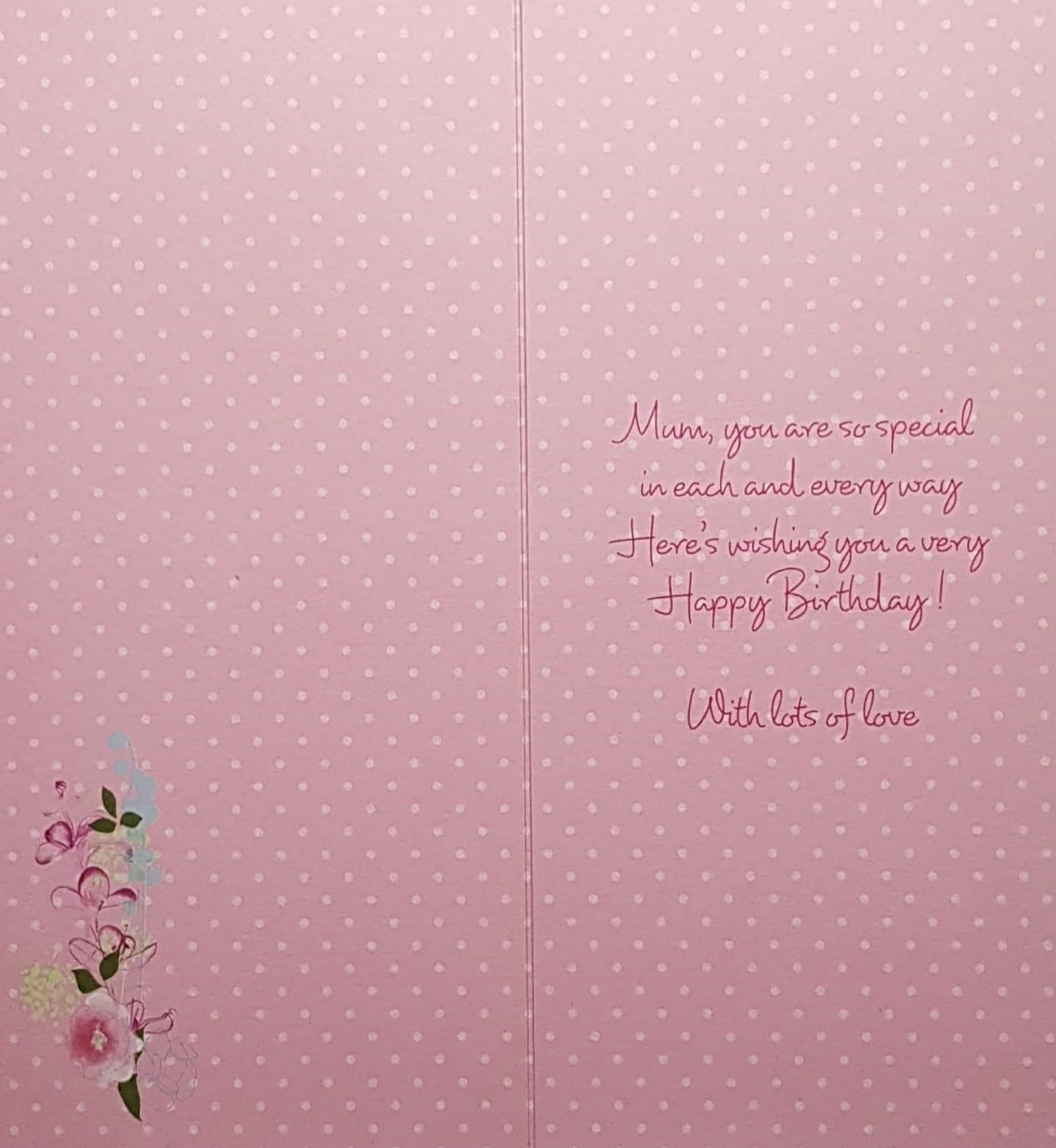 Birthday Card - Mum / Teddy Holding A Pink Perfume Bottle Near Pink Flowers