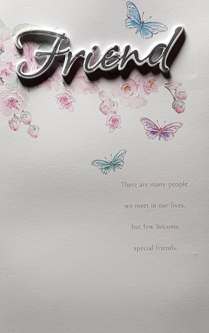 Birthday Card - Friend / A Branch Of Pink Flowers & Three Butterflies