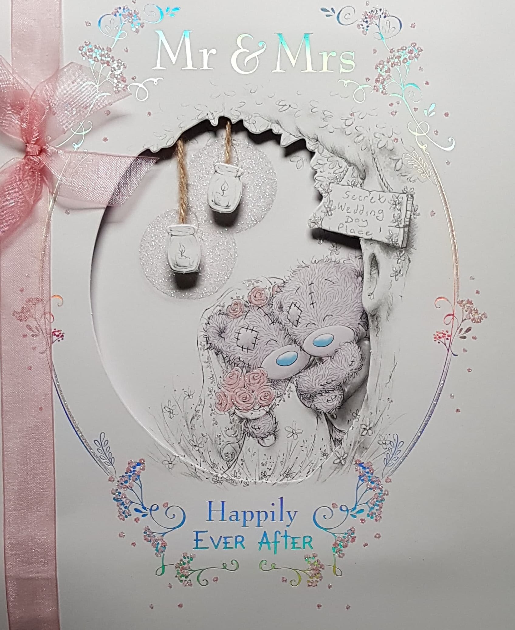 Wedding Card - Happily Ever After / Happy Teddies Holding Roses At A Tree Trunk