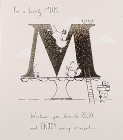 Mum Mothers Day Card - Shiny Gold M on Cake Stand & Little Rabbit