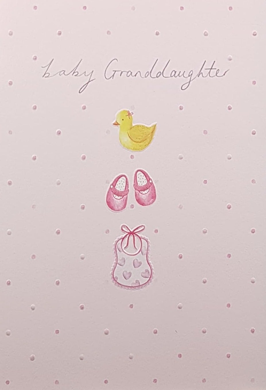 New Granddaughter Card / Pink Baby Shoes, Bib & Duckling