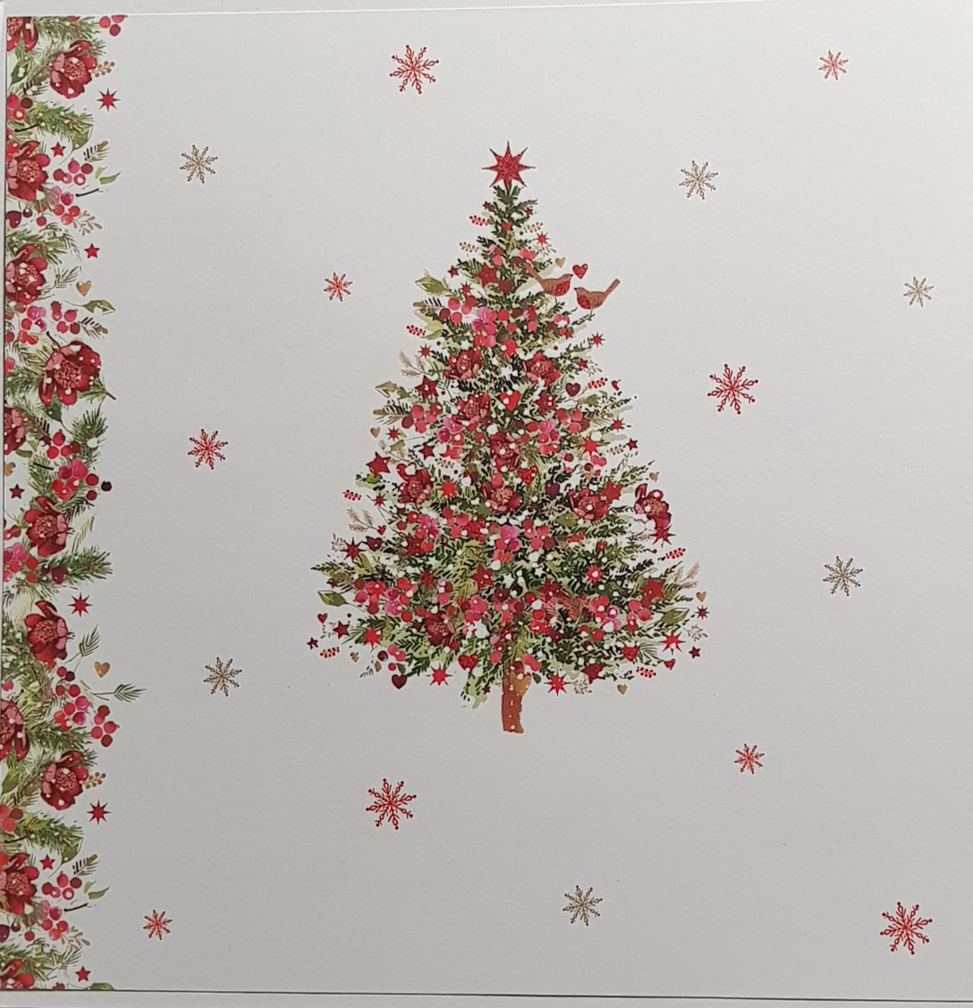 Christmas Card - Mum & Dad/ Decorated Christmas Tree & Sparkly Red Border
