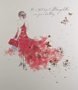 Birthday Card - Daughter / 'For A Wonderful Daughter On Your Birthday' & A Lady On Red Painted Dress (Large Card)