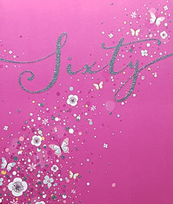 Age 60 Birthday Card - Beautiful White Flowers And Butterflies On A Pink Front