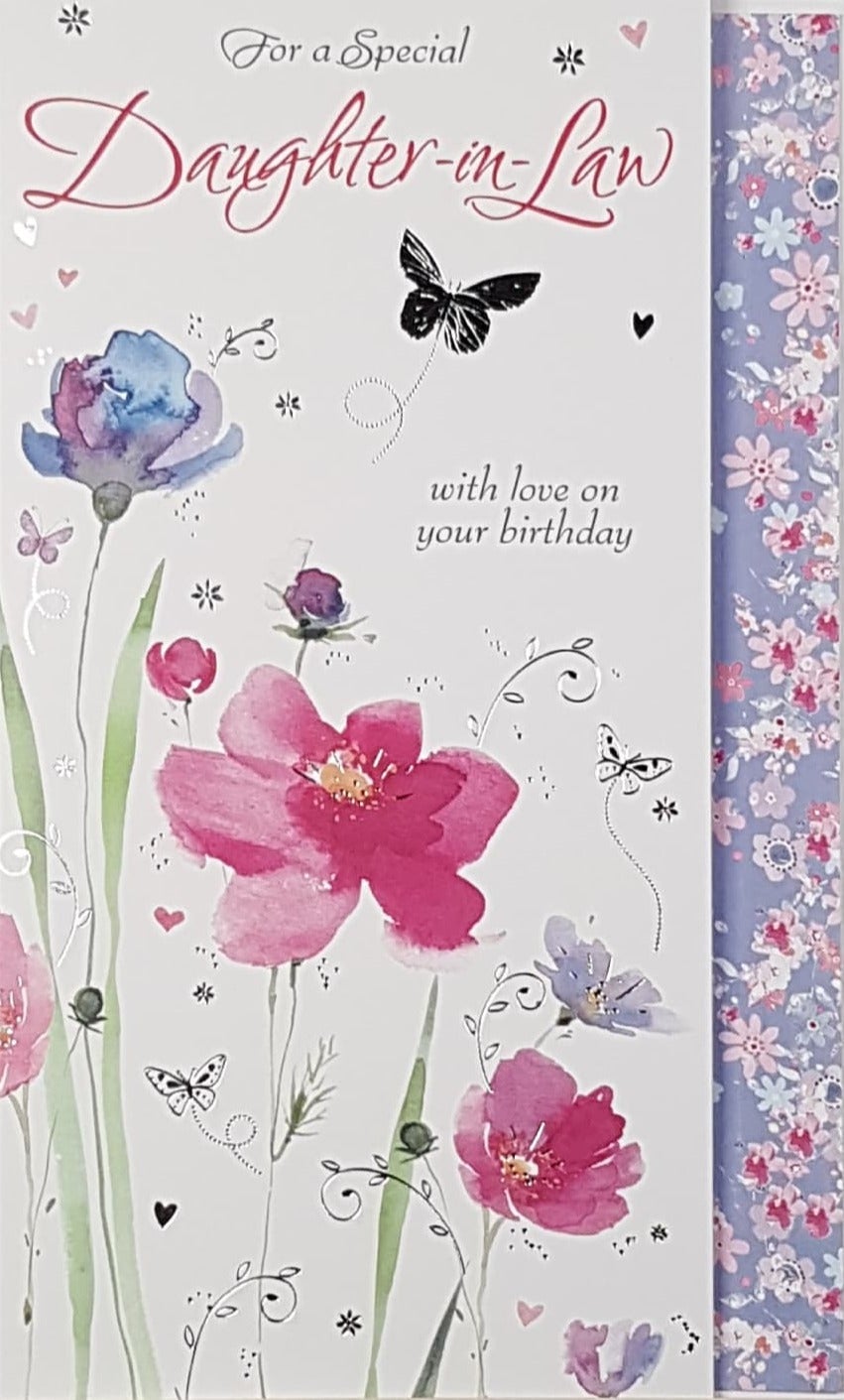 Birthday Card - Daughter-In-Law / A Black Butterfly & Pink & Blue Flowers