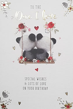 Birthday Card - One I Love / Two Cute Pandas On A Swing With Roses