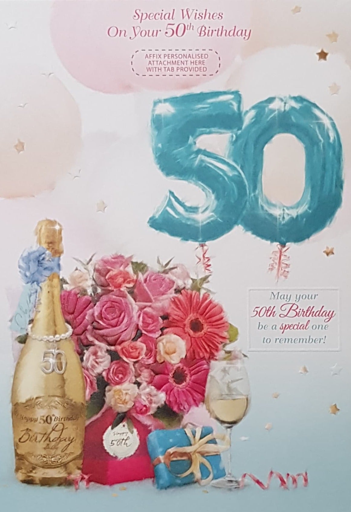 Personalised Card - Age 50 Birthday / A Blue 50 Balloon & A Red Bouquet