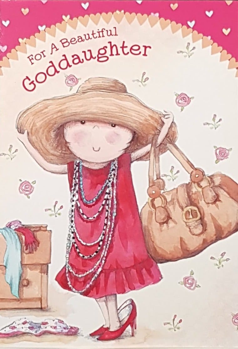Birthday Card - Goddaughter / A Glamorous Girl In A Pink Dress & Shoes