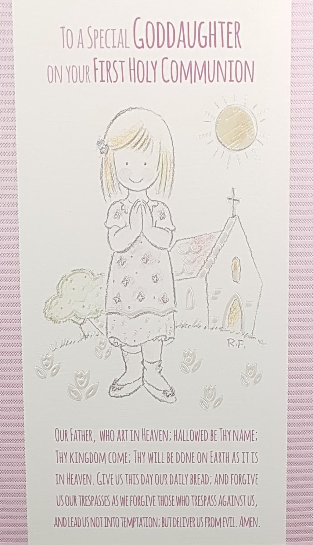 Communion Card - Goddaughter / A Precious Girl Beside A Church & A Sun