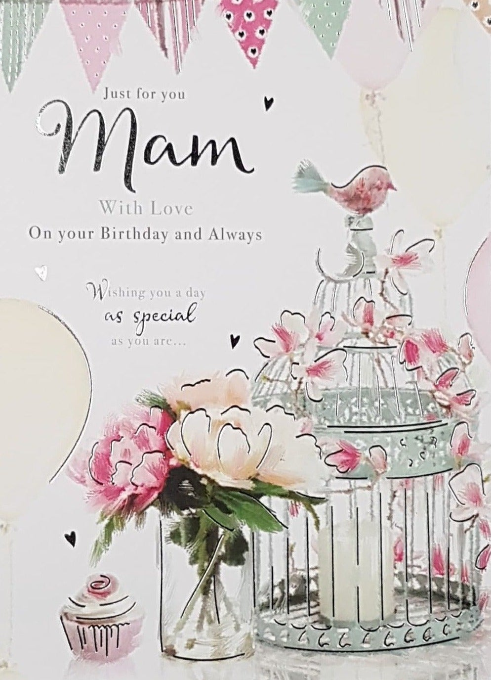 Birthday Card - Mam / A Lovely Bird On A Green Floral Lantern