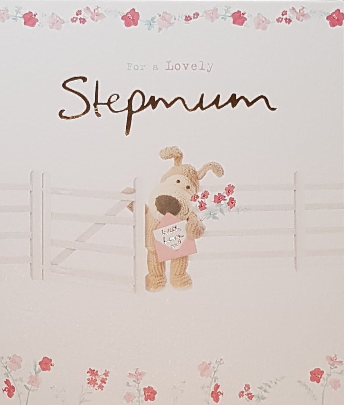 Birthday Card - Stepmum / A Lovely Dog Holding A Pink Envelope