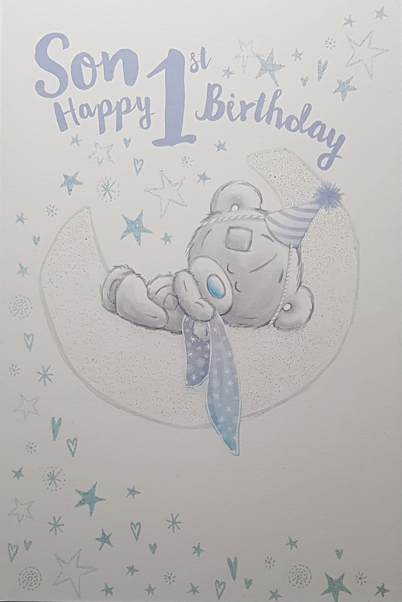 Age 1 Birthday Card - Son / Teddy Wearing A Blue Hat Sleeping On The Moon & Blue Stars