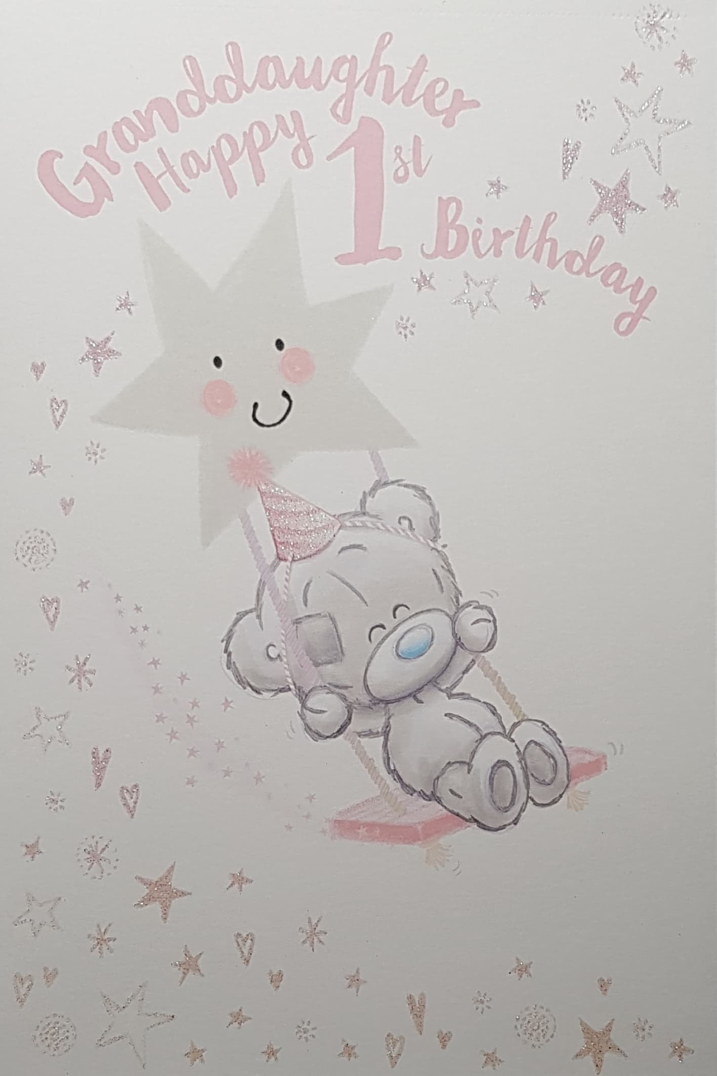 Age 1 Birthday Card - Granddaughter / Teddy Swinging & A Happy Star