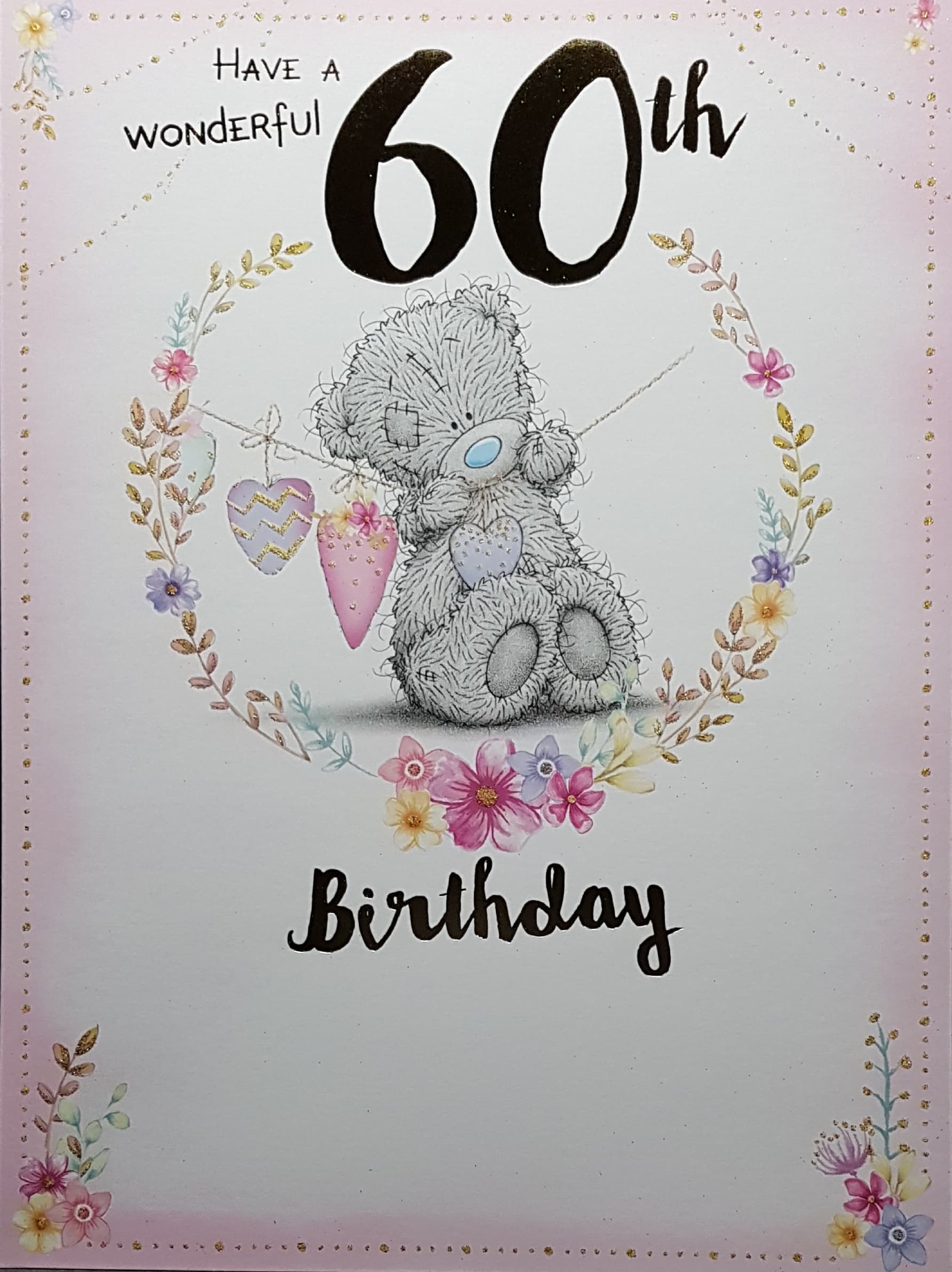 Age 60 Birthday Card - A Beautiful Floral Wreath With A Gold Motive