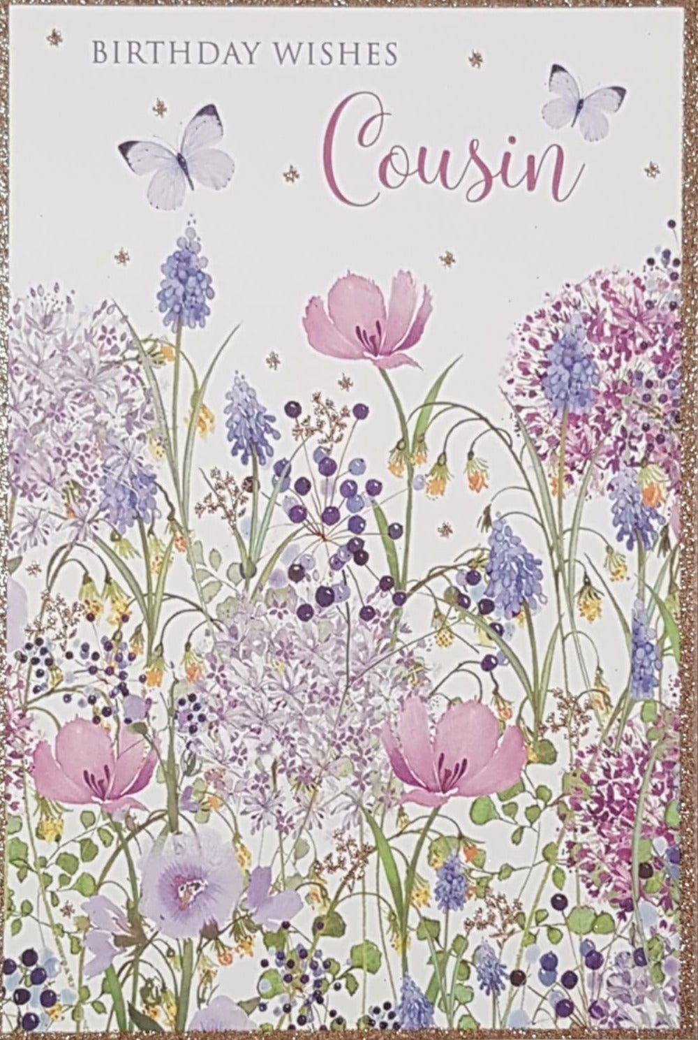 Birthday Card - Cousin / A Garden Of Flowers & A Shiny Gold Frame