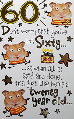 Age 60 Birthday Card - Three Mice Having Fun & A '60' Birthday Cake