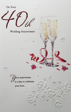 Anniversary Card - 40th Anniversary / Two Champagne Glasses & A Red Ribbon