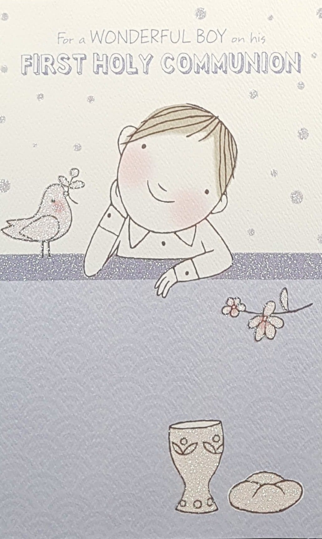 Communion Card - A Boy Smiling To A Bird & Glitter ( Boy )
