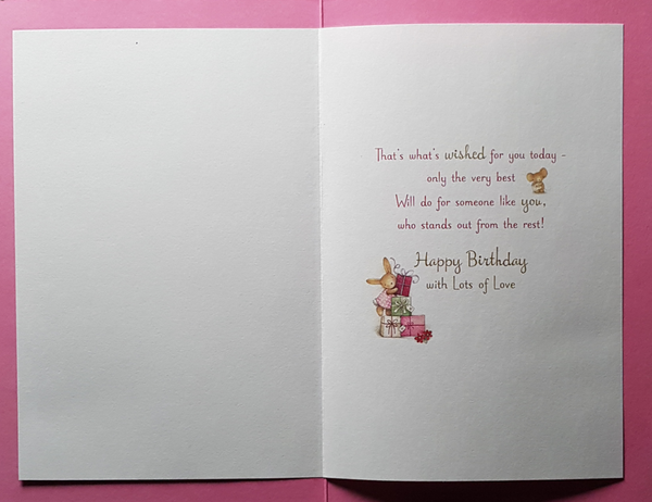 Birthday Card - General Female / A Bunny In Pink Dress & Four Gift Box ...