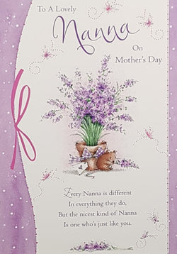 Nanna Mothers Day Card - A Little Mouse & A Pot Of Purple Flowers