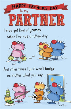 Fathers Day Card - Partner / A Pink Cat Cleaning The Floor