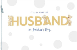 Fathers Day Card - Husband / Three Cute Teddies Holding Gold Letters