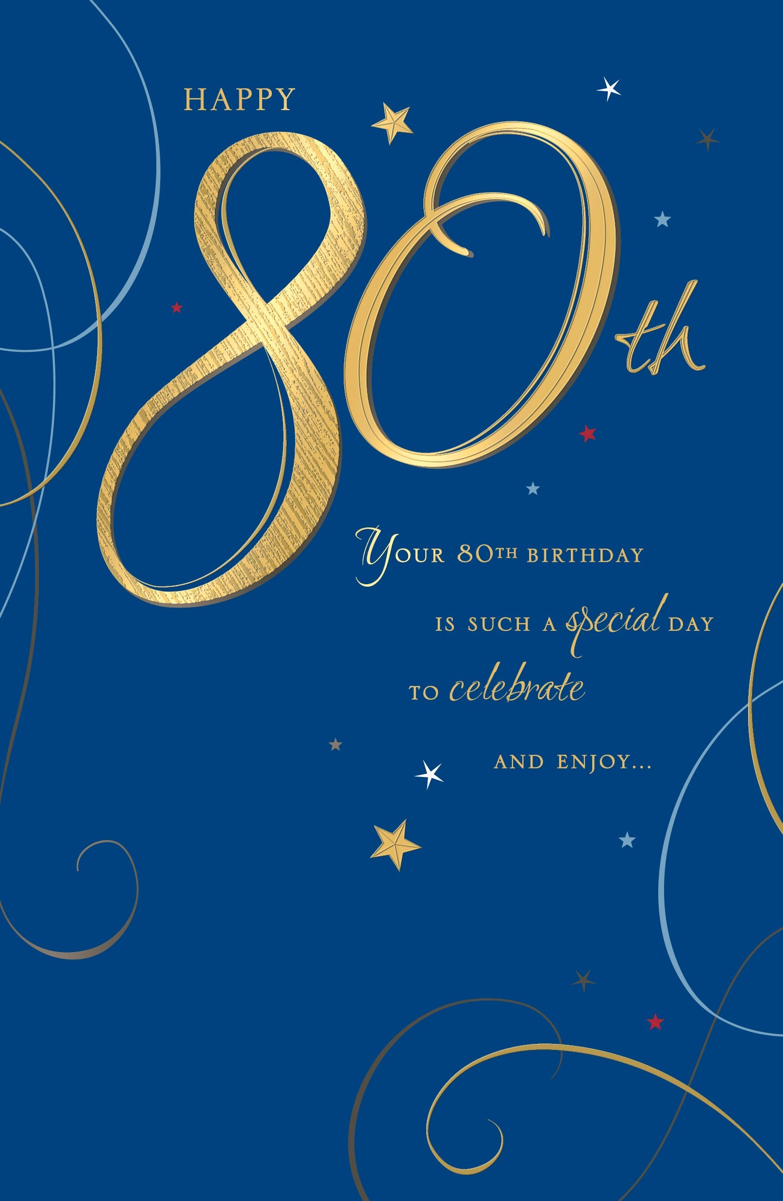 80th Birthday Card / Happy 80th Birthday & Gold Font On Blue Background
