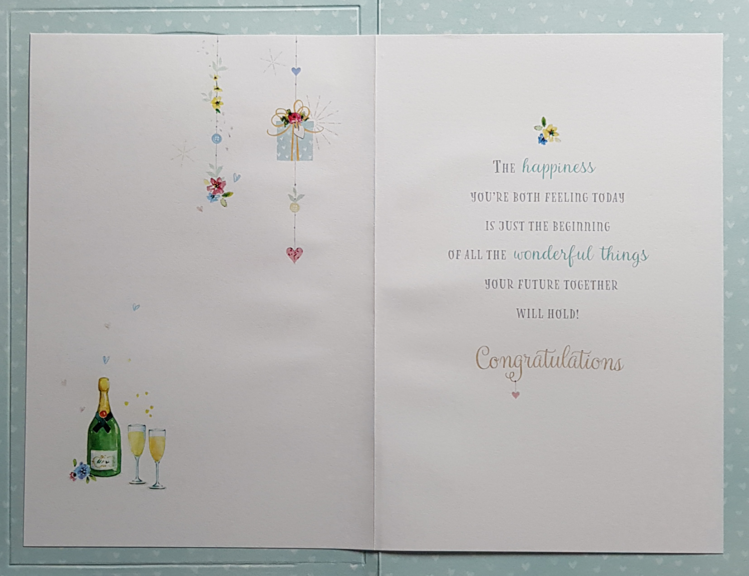 Engagement Card - Champagne & Birds & Gifts & Wine Glasses Hanging From Top