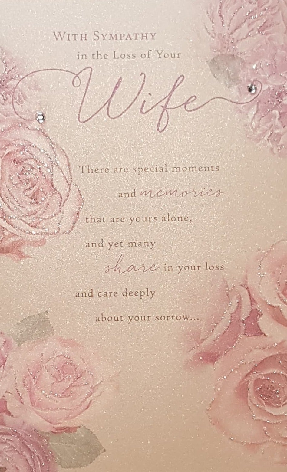 Sympathy Card - Wife / Pink Roses With Glitter & White Diamonds