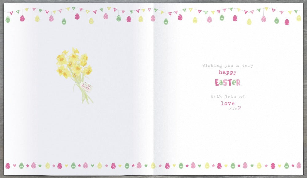 Mum Easter Card - Cute Dog Holding Daffodils