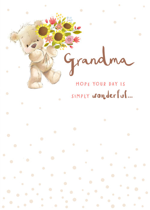 Grandma Mothers Day Card - Cute Teddy Holding Sunflowers